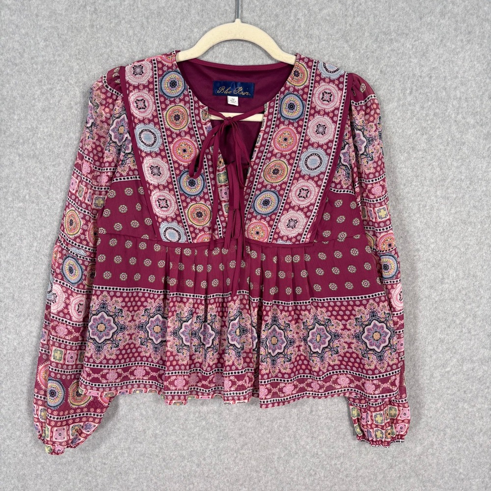 Blue Rain Boho Peasant Top Medium Burgundy Paisley Ruffle Artsy Indie‎ Feminine